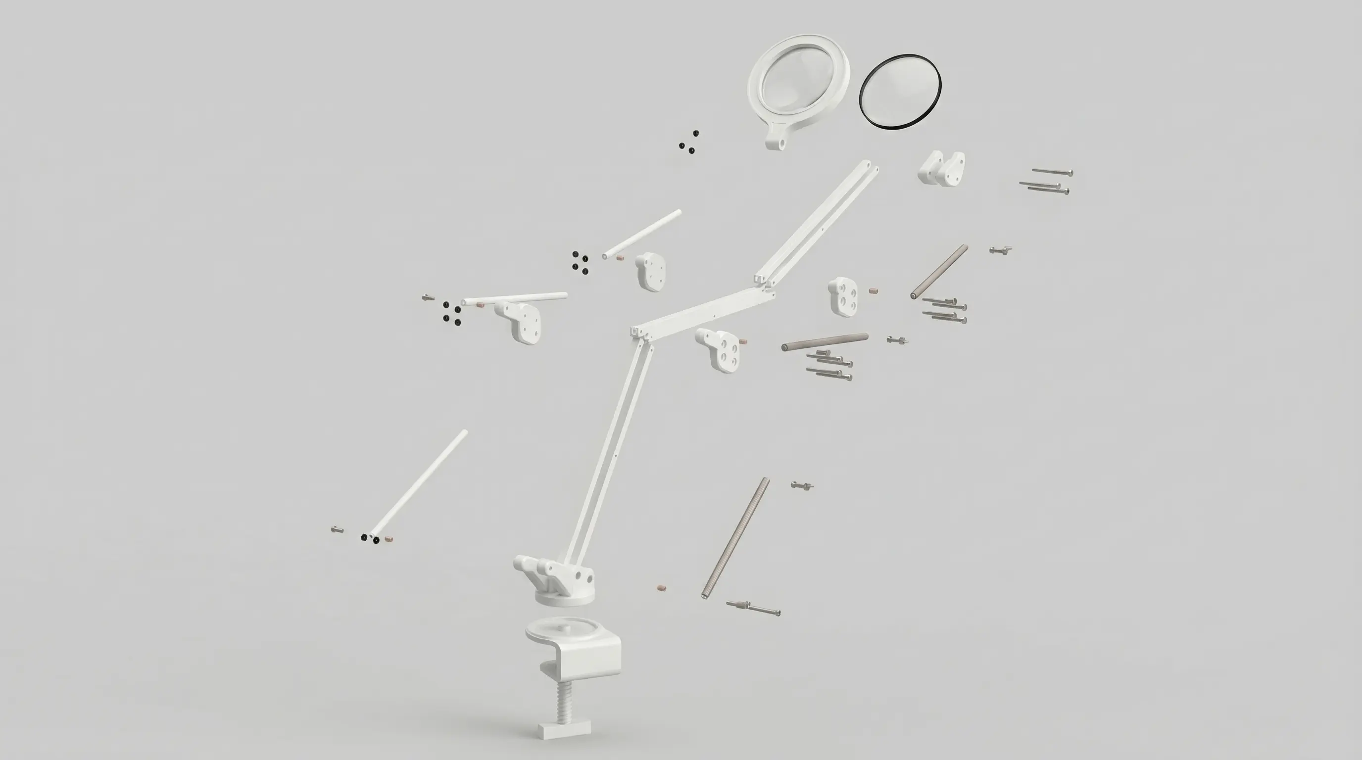 Articulated modular arm — exploded view with all segments, joints and fasteners separated